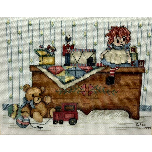 Completed Framed w Mat Cross Stitch Nursery Chest Raggety Ann Teddy Vtg Toys - Picture 2 of 7